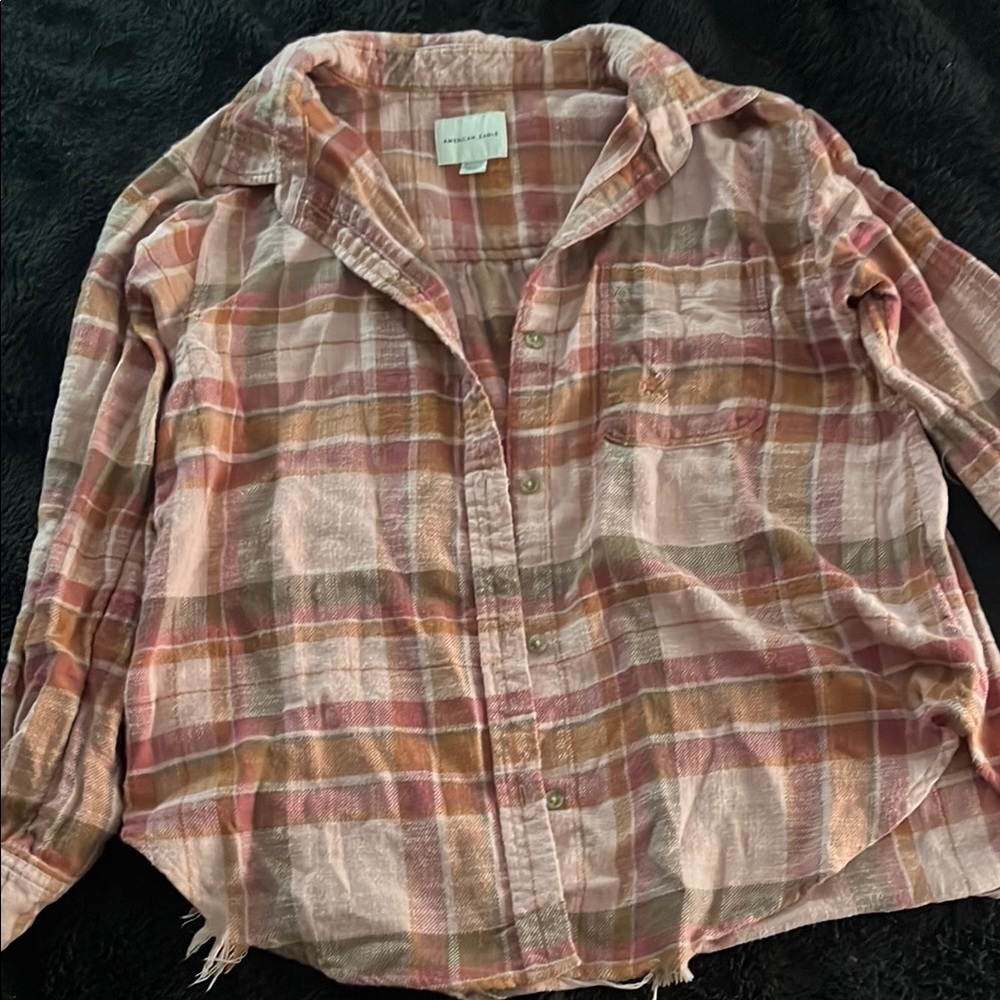 American Eagle Outfitters Pink and Brown Plaid Shirt